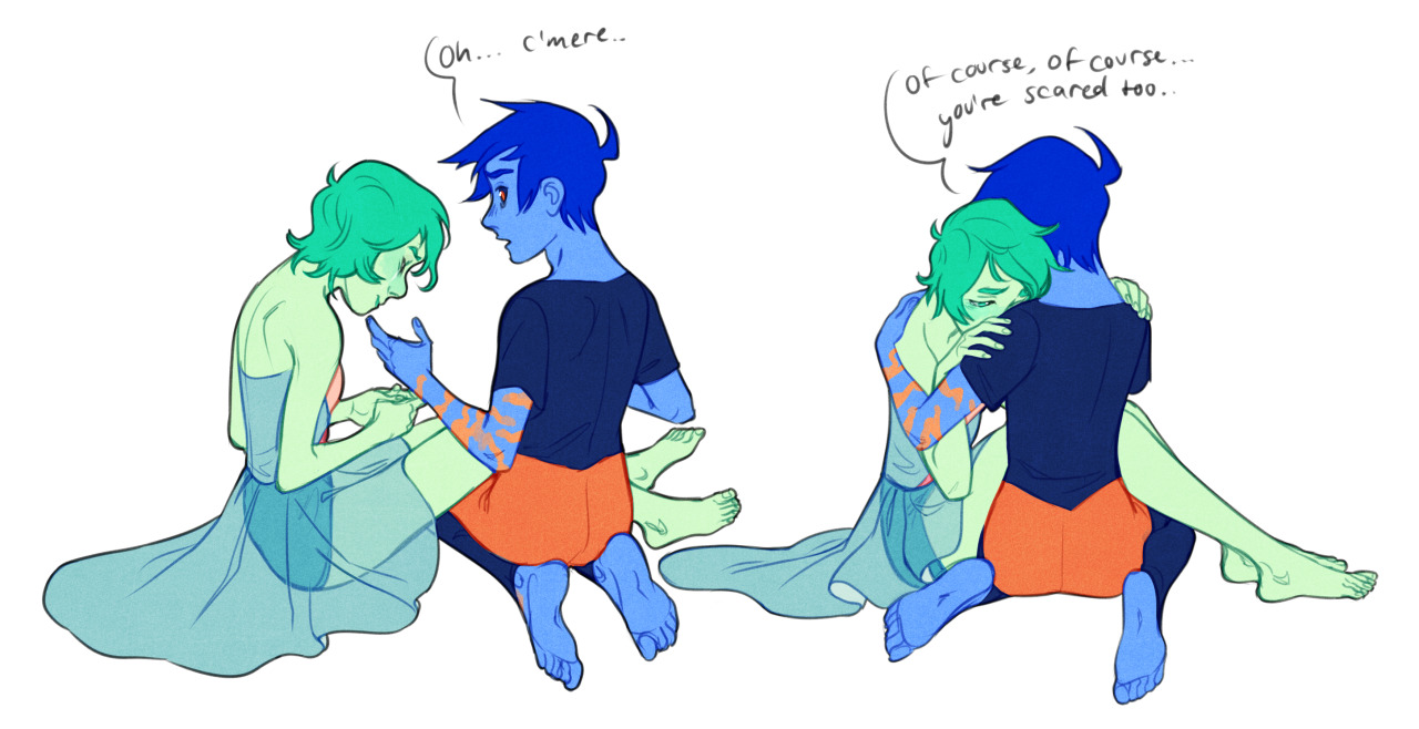 two stylized figures are depicted in a moment of emotional intimacy. on the left, the blueskinned figure gestures for the greenskinned figure to come closer. on the right, they embrace, with the blue figure offering words of comfort: "of course, of course... you're scared too." the green figure appears distressed, their posture conveying vulnerability and sadness. ```