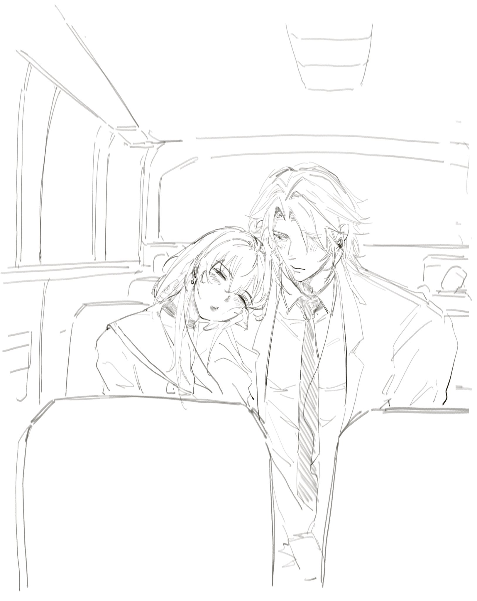 a black and white sketch of a young couple in a bus. the male is leaning over the female, who is sleeping. the male is wearing a suit and tie and the female is wearing a school uniform. the bus is empty and they are in the back seat. the drawing is done in a light, sketchy style.