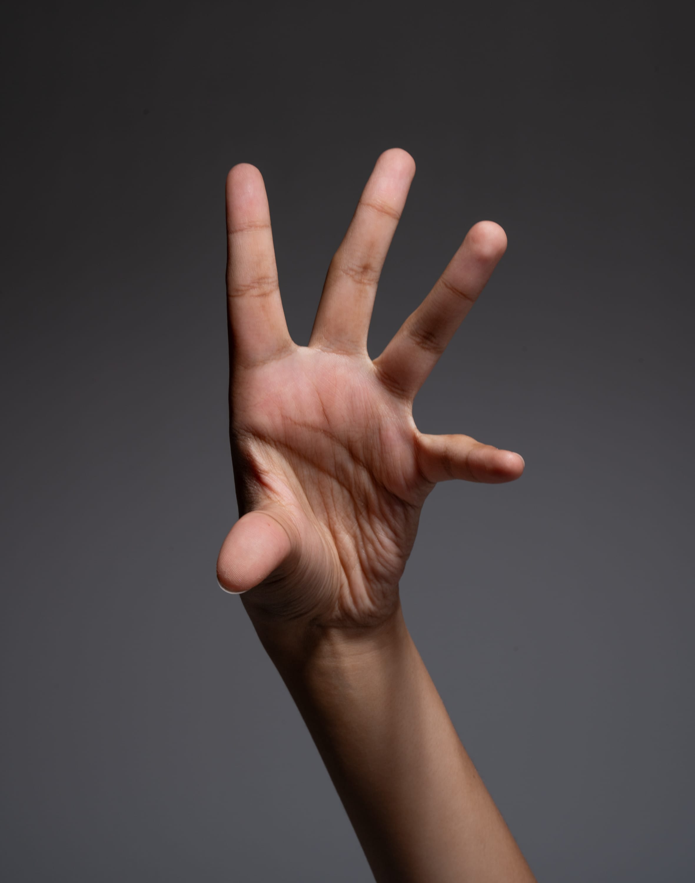 the image showcases a single hand extended against a neutral, gray backdrop. the hand is positioned with all fingers splayed open, as if reaching for something.  the lighting is dramatic, casting shadows and highlighting the texture of the skin. the closeup perspective emphasizes the details of the hand.