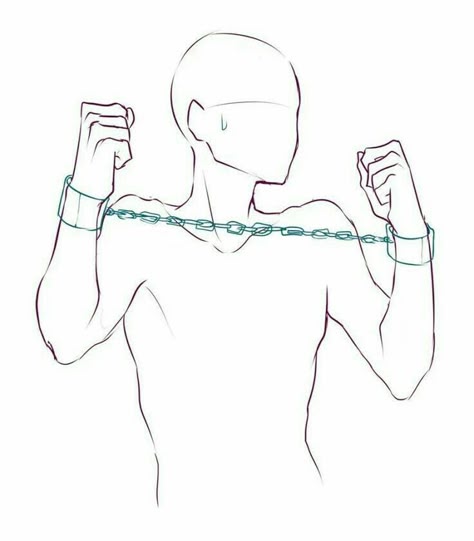 a sketch of a male figure in handcuffs. the drawing is only an outline. the man's pose is facing away from the viewer, with his arms extended out at the sides.  he has his hands cuffed together behind him, and a chain around his neck.