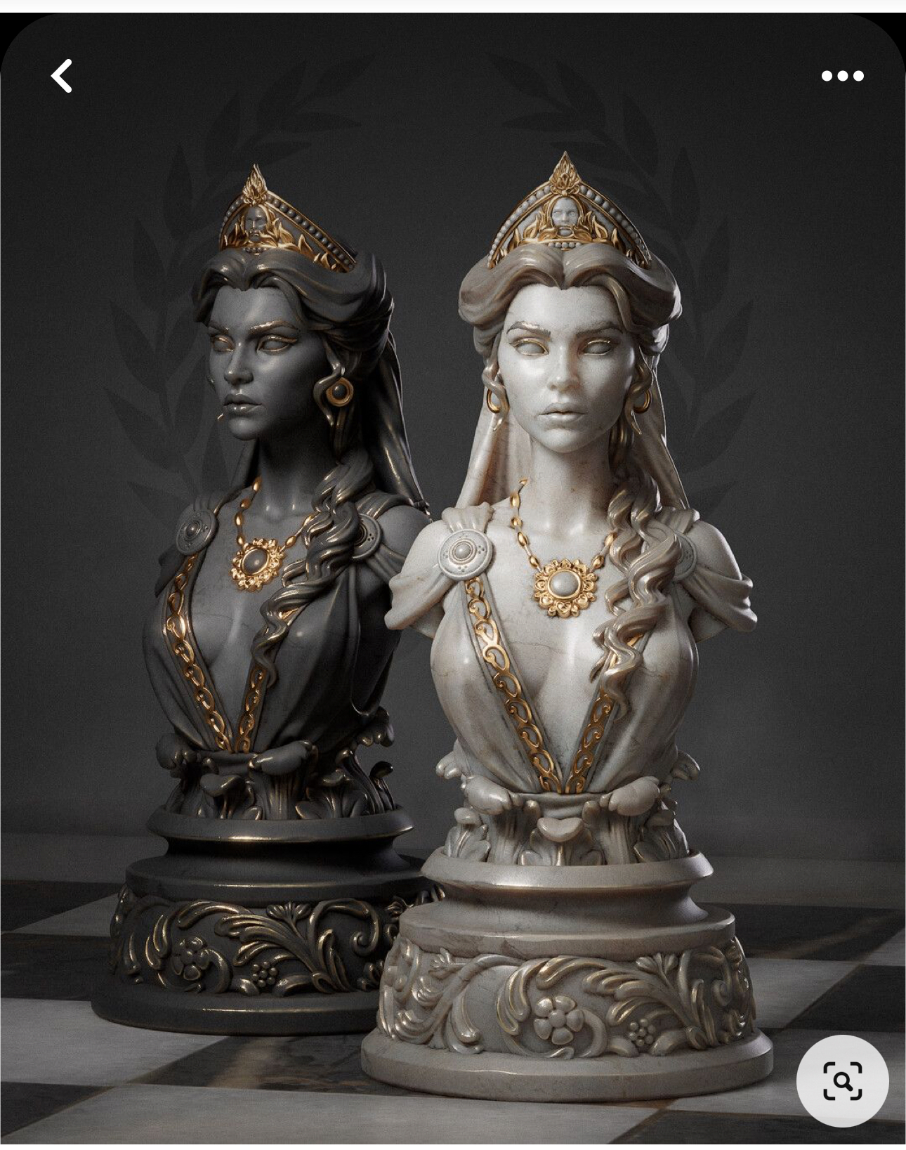 the image features two intricately detailed busts of a queen, designed as chess pieces. one is rendered in dark gray and the other in white, both adorned with gold accents. they stand on a stylized chessboard, emphasizing their role in the game. the busts are crafted with a nod to classical greek sculpture, evoking an air of power and regality.