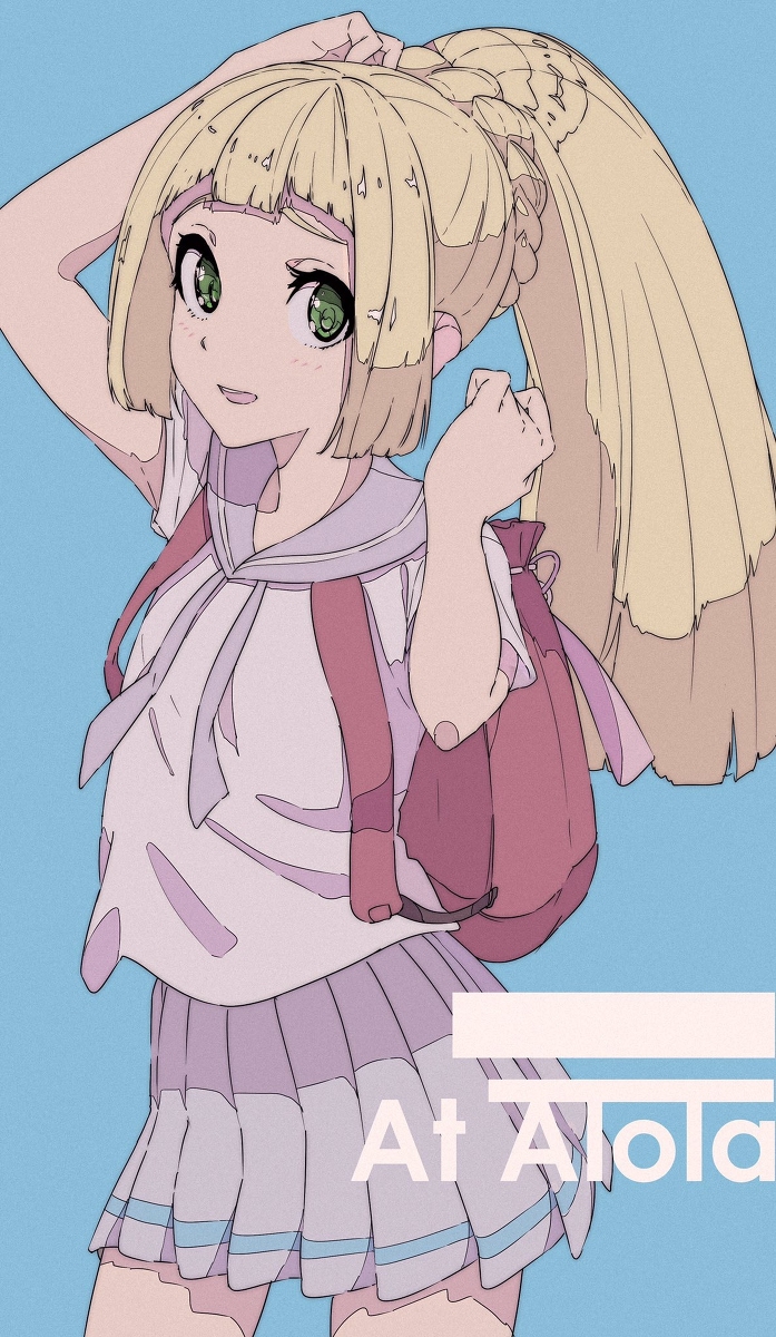 the image is a digital drawing of an animestyle girl.  she has long blonde hair styled in a high ponytail with braids, and she's wearing a light purple sailorstyle school uniform with a pleated skirt.  she carries a pink backpack.  the background is a light blue, and the overall style is soft and pastel. the text "at alola" is present in the image.