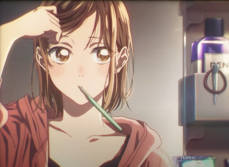 a closeup shot of an anime girl with short brown hair, wearing a red hoodie, brushing her teeth in front of a bathroom mirror. she has a cute and happy expression with a blush on her cheeks. the background is blurred, showing a bathroom cabinet with toiletries. the overall style is soft and warm.