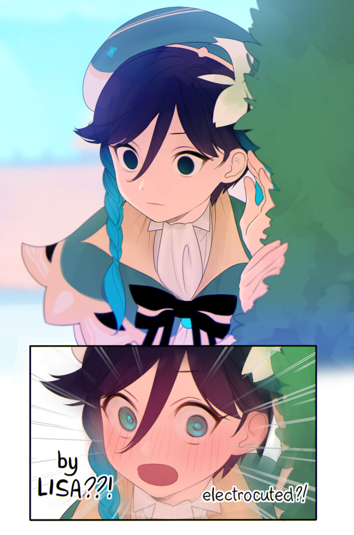 a digital art, anime style drawing of two female characters, lisa and sucrose from genshin impact. lisa has teal hair and is wearing a green and white dress, hiding behind a bush. sucrose has black hair and is wearing a green and white outfit, blushing and surprised with wide eyes at the sight of lisa, who is also blushing. the background is a light blue sky and the lighting is soft. the perspective is a closeup.