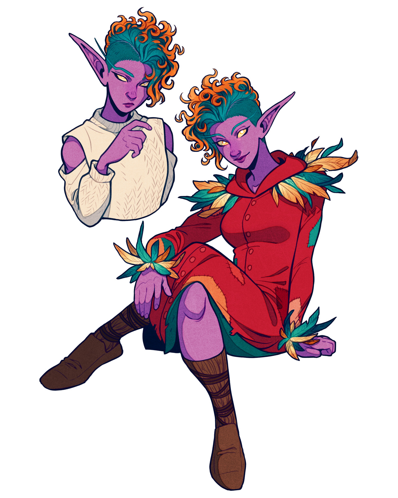 a purpleskinned elf with curly orange hair and golden eyes is depicted in two poses. in the first, smaller image, they are shown from the chest up, turned to the side as they gaze at the viewer, with one hand raised to their chest. they are wearing a white sweater. in the second, larger image, they are sitting with their left leg bent, facing forward, and gazing at the viewer with a slight smile. they are wearing a red dress over brown leggings and brown boots, with a brown belt around their waist. a feathered brown pauldron sits on their right shoulder, matching the feathered cuffs around their wrists.