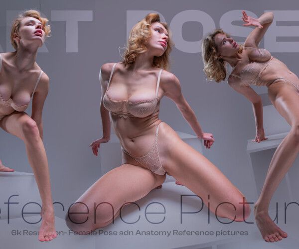 three images of a woman in lingerie posing on a white surface are depicted against a light gray background. each image shows a different pose, with the woman standing, kneeling, or bending, and her gaze directed upward. the words "art pose reference picture" are written across the image.
