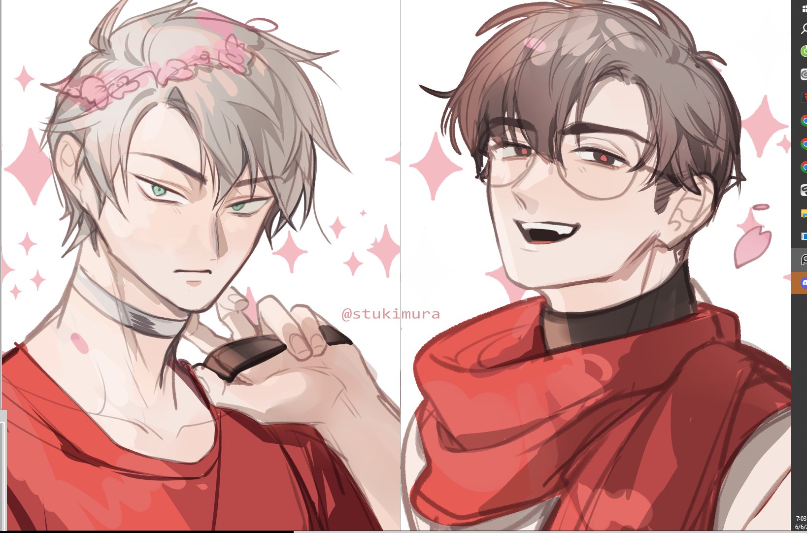 a digital art piece featuring two anime boys with a red color scheme. one on the left has silver hair and a flower crown, the other on the right has brown hair and is wearing red glasses. both appear to be smiling with a friendly demeanor.  the boys are drawn with a soft, delicate style.
