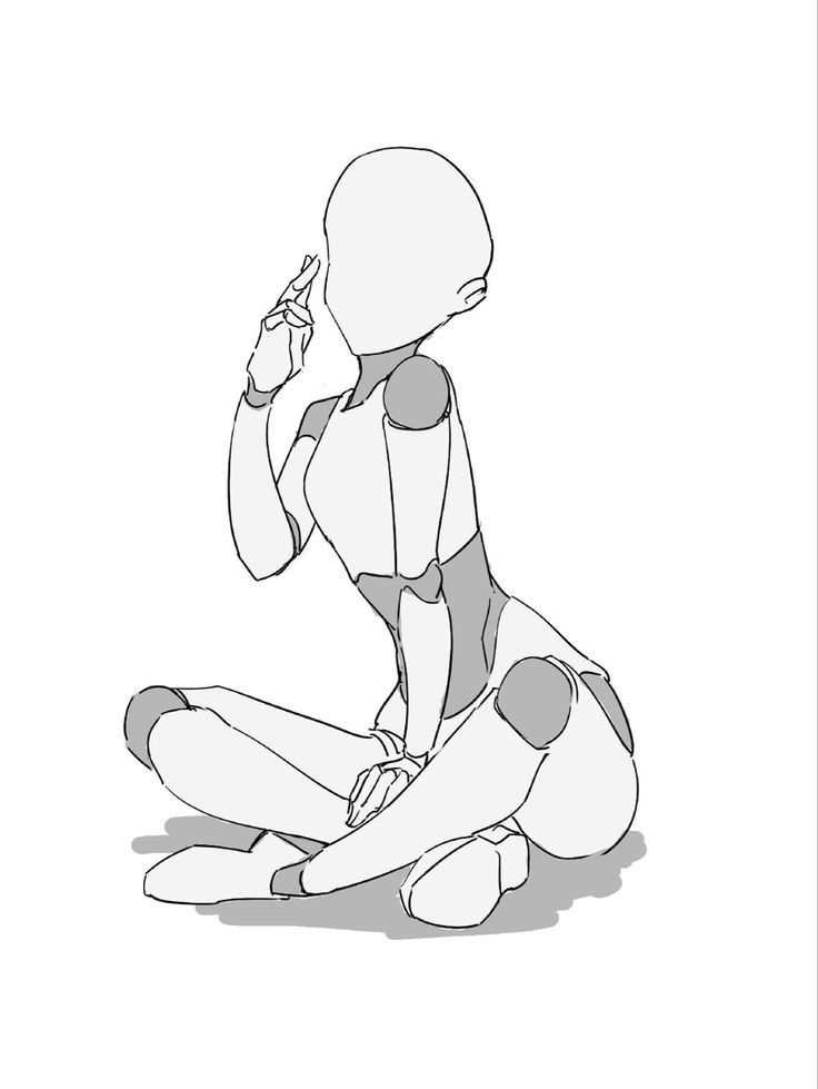 a sketch of a stylized female robot sitting with one arm resting on her knee. her left hand is raised near her face.