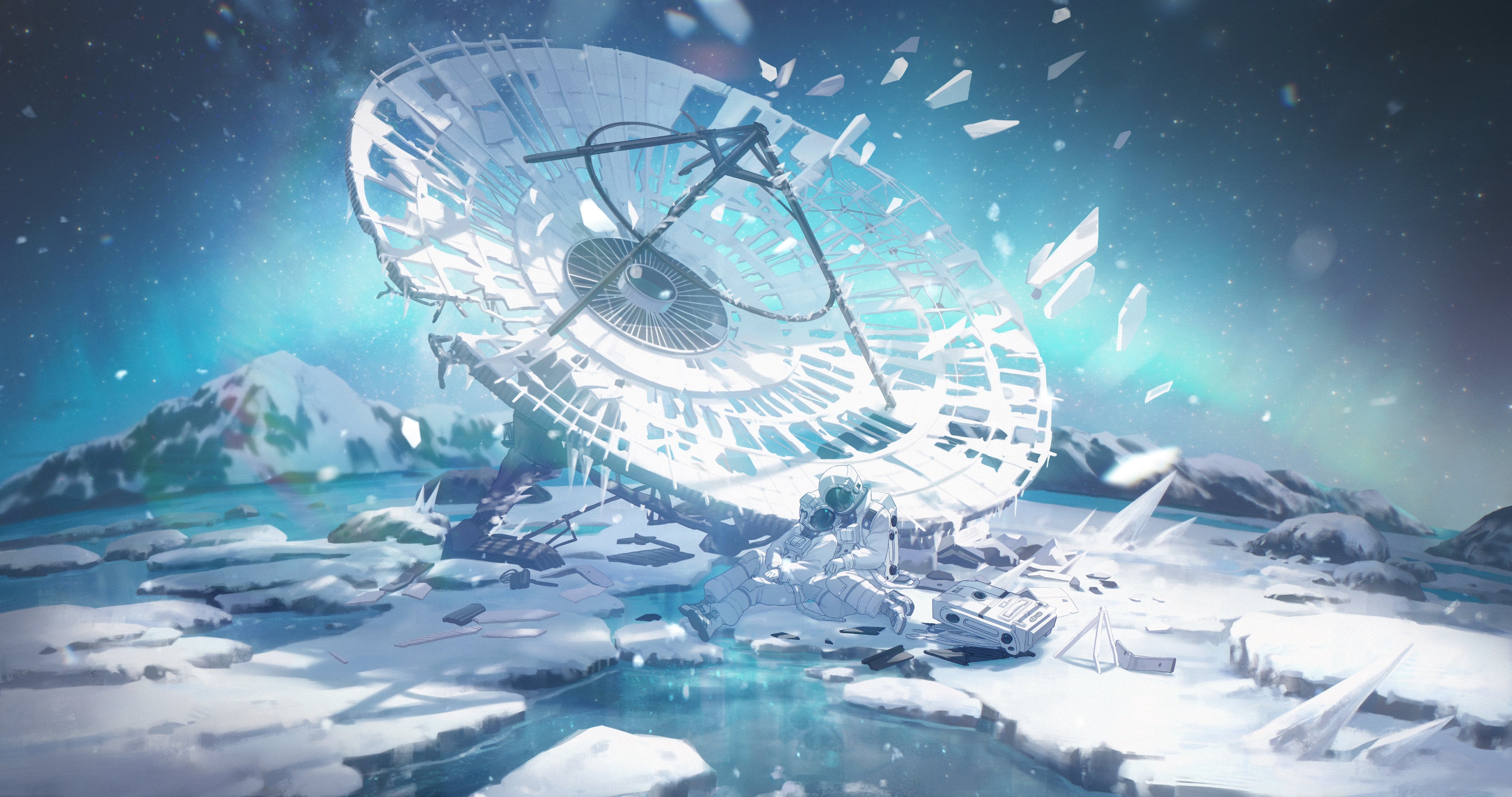 the image shows two astronauts in space suits embracing in a snowy, arctic landscape. in the background is a large, destroyed satellite dish with pieces scattered around. the scene includes icebergs, snowcovered ground, and a body of water. in the far background is a mountain beneath a starry sky with a bright light.
