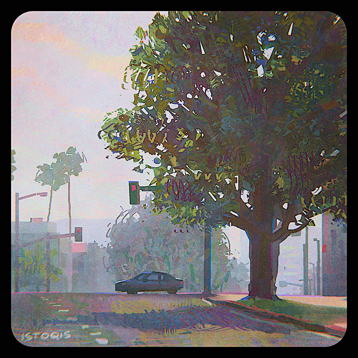 a hazy, dreamlike image of a street scene with a car driving under a large tree. the overall palette is muted and gives a vintage, almost nostalgic feel. palm trees and low buildings suggest a warm climate, possibly california.