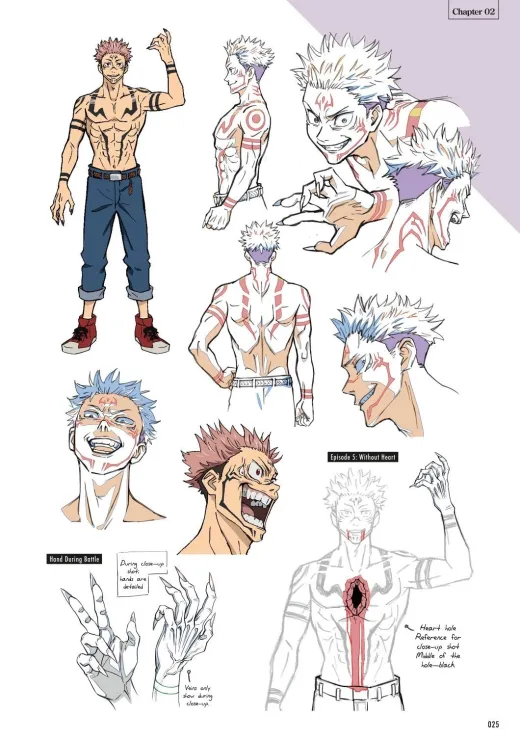 a page from an artbook, showcasing concept art and character design sketches for a male anime character.  the character has spiky white hair and distinctive red and black tribal tattoos covering his body. various poses and expressions are depicted, along with closeup details of his hands and torso.