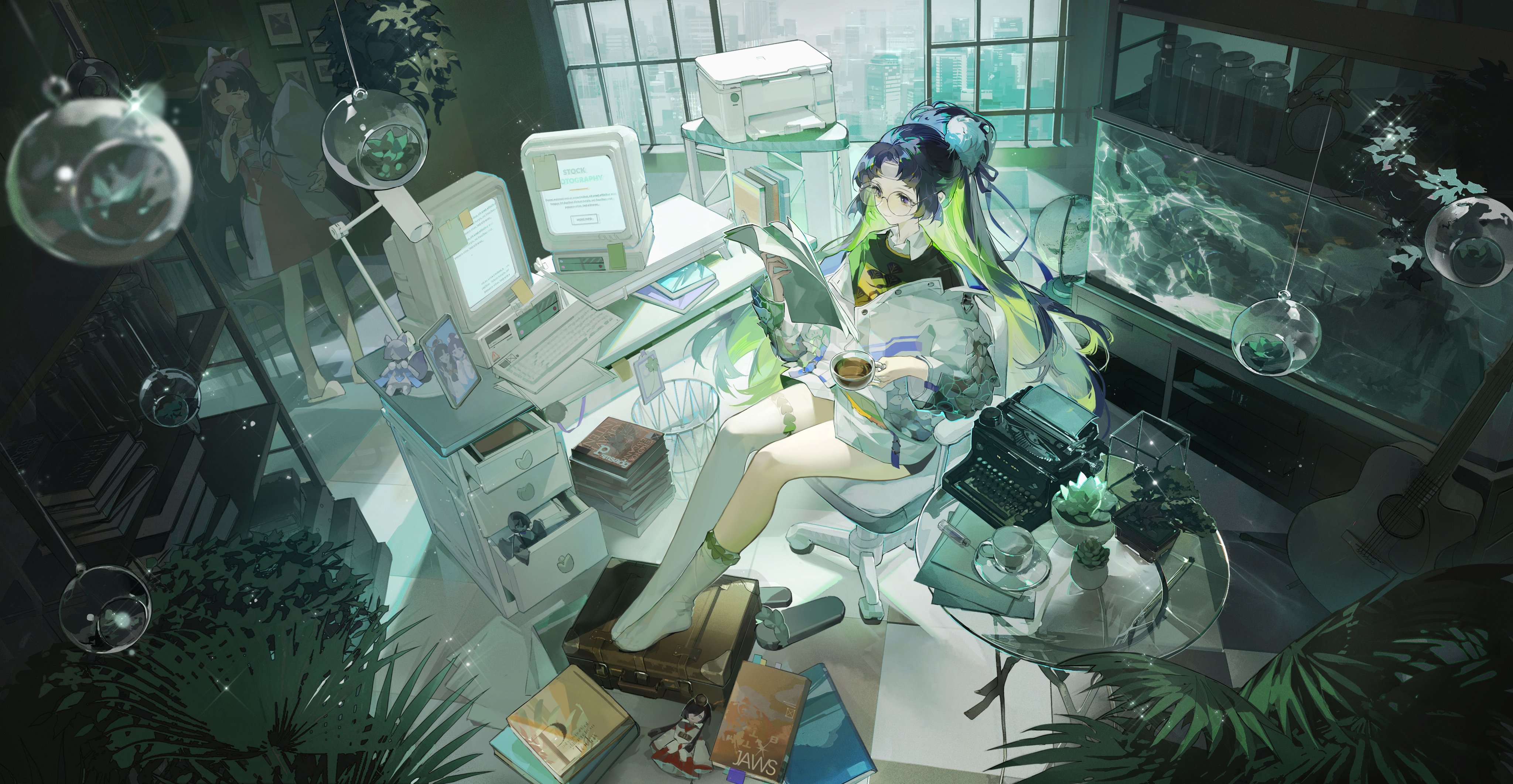 the image shows an anime girl with blue and green hair sitting on a chair in a cluttered room filled with computers, a typewriter, books, and plants. there is a fish tank in the background, along with a guitar. the room has a window with a view of a cityscape. the girl is wearing glasses and holding a cup of coffee while reading a book.