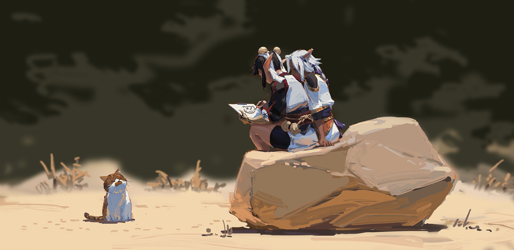 the digital painting depicts two animestyle female characters sitting on a large rock in a desertlike setting.  one character is drawing in a sketchbook, which shows a simple drawing of a cat. the other character sits beside her, appearing to be observing. a small, calico cat sits in the sand a short distance away, seemingly observing the two characters.  the overall style is loose and painterly, with warm colors and visible brushstrokes giving the piece a soft, almost dreamy, atmosphere. the scene is peaceful and slightly whimsical, with a japaneseinspired aesthetic in the characters' clothing.