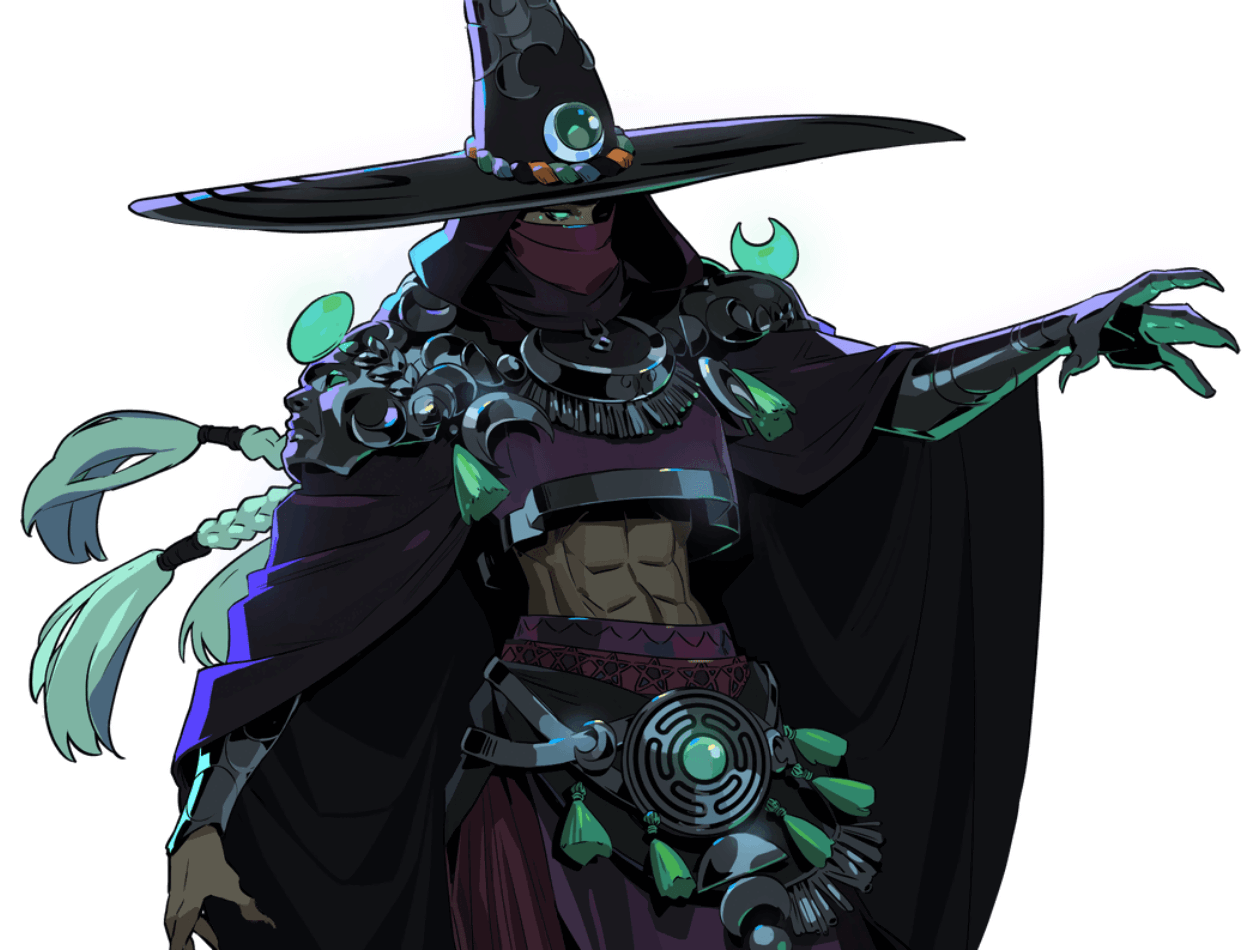 an illustration of a powerful witch wearing a black cloak and hat, holding a staff. the witch has a dark and mysterious look, with glowing green eyes and a green and purple outfit. they are surrounded by magical green energy. the witch is isolated against a white background.
