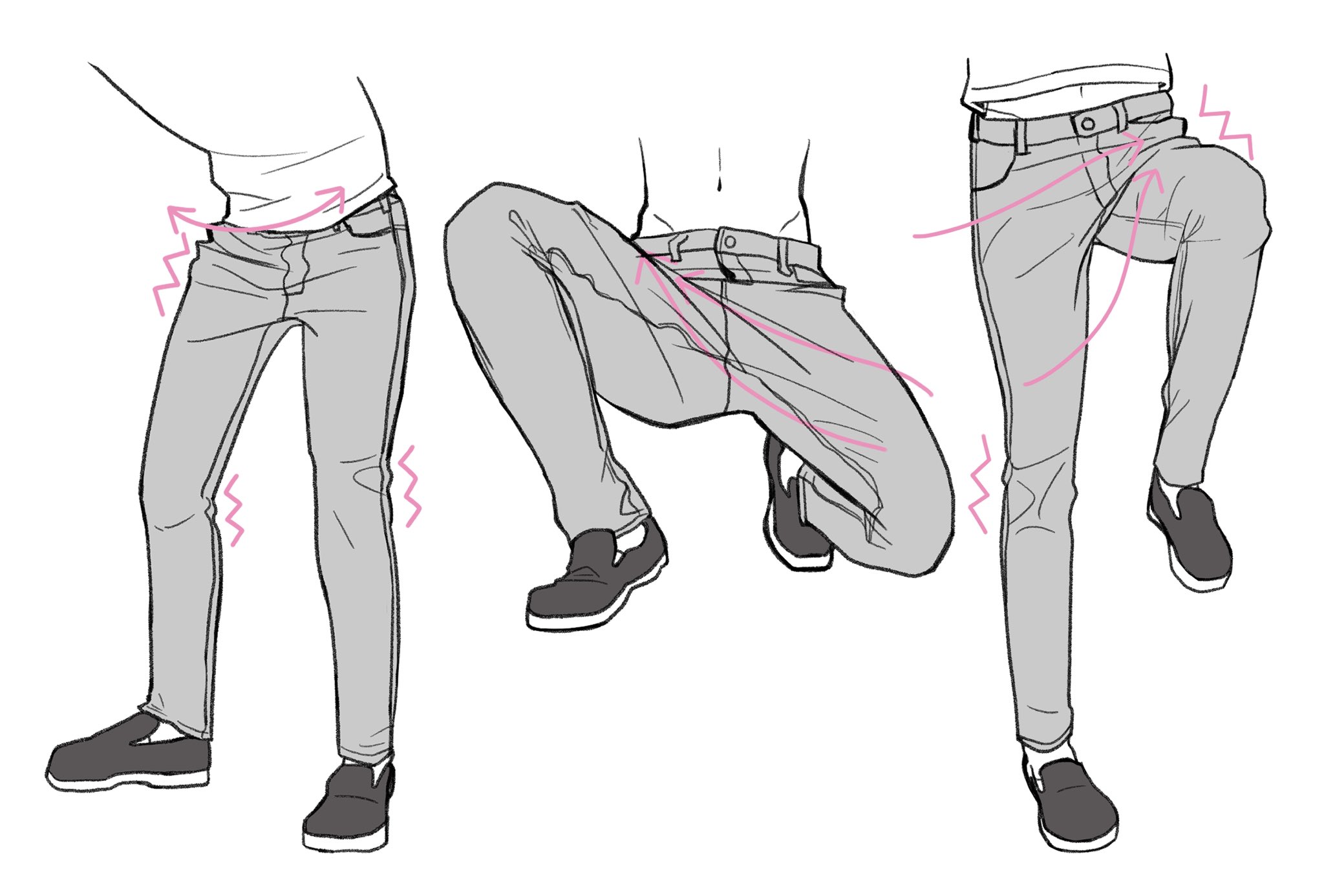the image shows three sketches illustrating how jeans drape and wrinkle on a male figure in different poses. one figure stands with legs slightly apart, showing the natural drape of the jeans. the second figure is crouched, showcasing how the fabric folds and stretches across the knees and thighs. the third figure has one leg raised, demonstrating how the jeans stretch and conform to the leg's movement.  pink lines indicate the areas of greatest stretch and tension in the fabric. the style is simple line art with grey shading for the jeans.  the sketches are clearly focused on showing realistic fabric movement and how the clothing interacts with the body.