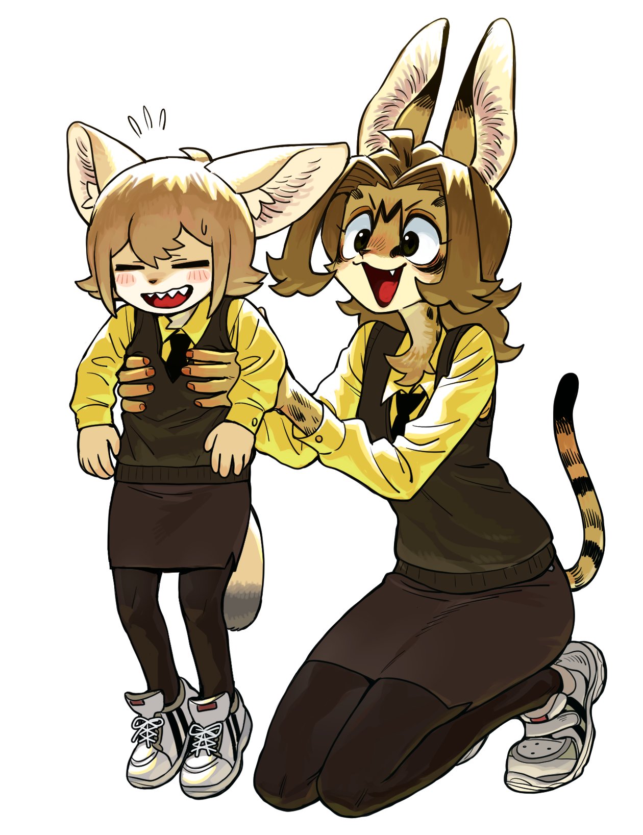 the image is of two cartoon girls that appear to be anthropomorphic felines. the girl on the left is standing with her arms in front of her looking at the girl on the right. the girl on the right is kneeling and smiling at the girl on the left. they are both dressed in school uniforms consisting of yellow collared shirts, dark sweaters, and skirts. the girl on the right has her tail curled around her leg. both of the girls appear to be happy and smiling. they are both dressed in the same uniform and are standing next to each other. the girl on the right is kneeling, while the girl on the left is standing. the girl on the right is smiling and looking at the girl on the left.  the girl on the left is smiling and looking at the girl on the right.
