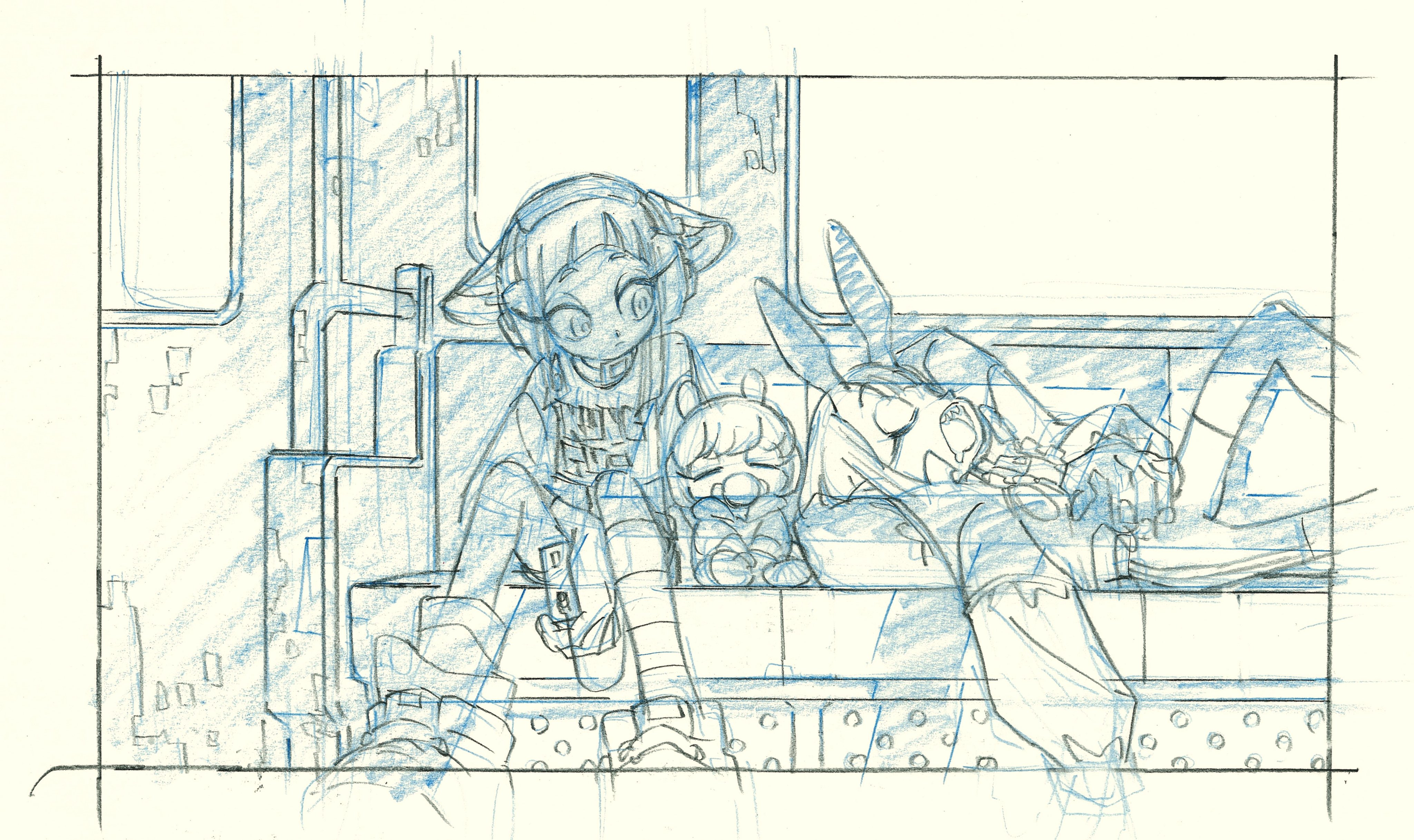 the image is a charming, rough sketch of three animestyle characters riding on a train. two of the girls, one with cat ears and one with rabbit ears, are leaning against each other, seemingly asleep. the third girl, also with cat ears, sits upright, her gaze directed downwards, perhaps lost in thought or observing something. the drawing, done in blue pencil on white, focuses on capturing the girls' relaxed postures and the camaraderie of their shared journey. the setting, a train interior, is indicated by outlines of seats and windows, suggesting movement and the passage of time.
