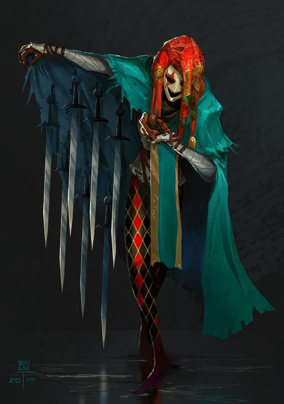 a jesterlike figure with bright red hair and a white painted face stands holding an assortment of daggers that appear to be magically suspended in the air. they are wearing harlequinpatterned tights and a teal and white robe. the background is dark and the figure is dramatically lit.
