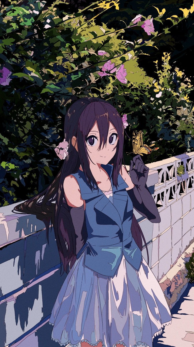 he image is a digital illustration of a cute anime girl with long purple hair. she's wearing a light blue jacket over a white dress with a light blue skirt. she has on long black gloves and a small butterfly is near her hand. the background shows a wall with flowers and plants behind it.  the overall style is soft and peaceful, with a summery atmosphere. the image seems to be an illustration or artwork created in a mangainfluenced style.