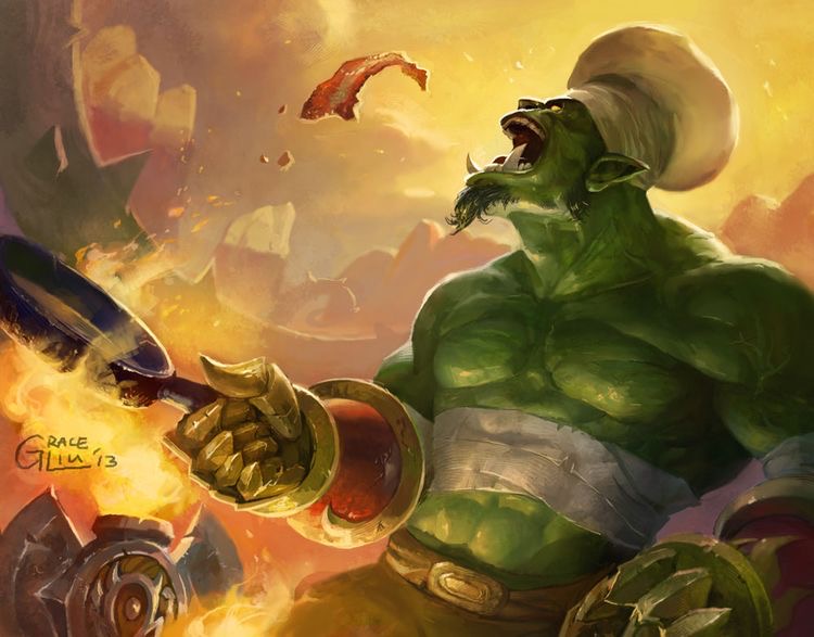 this digital illustration depicts an orc warrior chef in the middle of preparing a meal. he is holding a flaming pan in his right hand, with the other arm covered in armor, and a small piece of meat flying through the air. he has a large, muscular, green body and has a white chef hat on his head. behind him, the flames of the fire are bright and the background is hazy. the artist's signature, "grace gillu'13", is in the lower left corner.