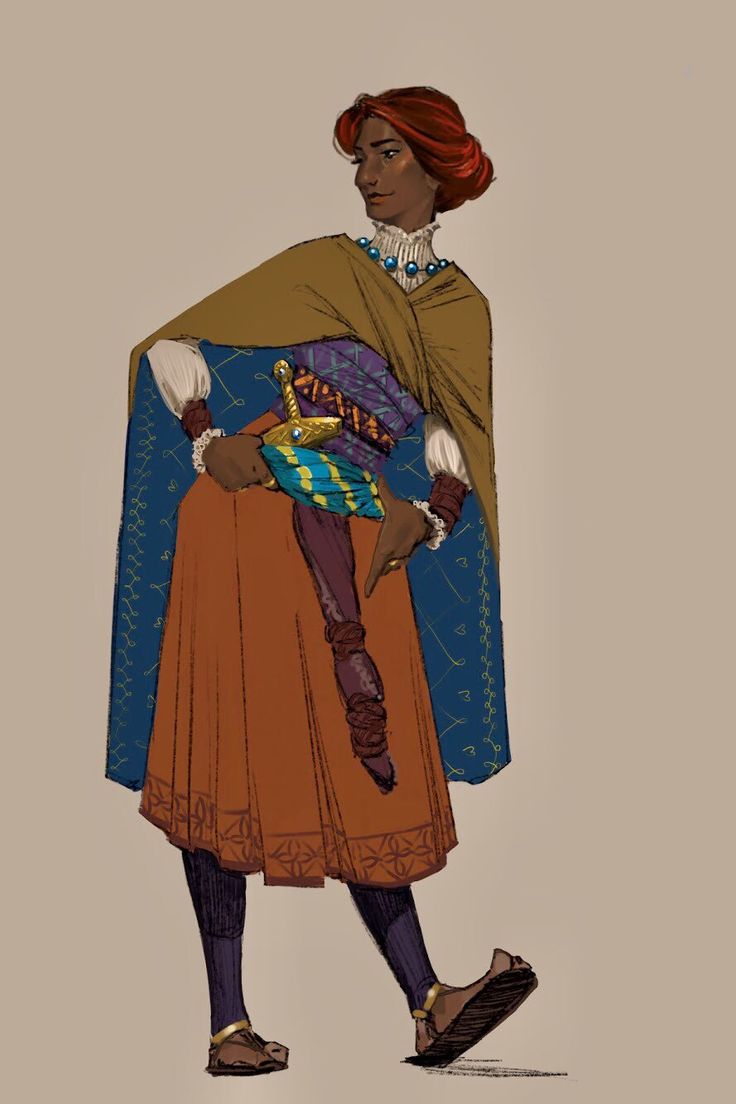 the illustration depicts a darkskinned woman with vibrant red hair styled in a bun. she's dressed in elaborate fantasy clothing consisting of a long, rustcolored skirt adorned with intricate detailing at the hem.  over the skirt, she wears a dark blue cloak or tunic with a pattern of gold stitching and a tan shawl or cloak draped over her shoulders.  she carries a dagger with an ornate gold hilt wrapped in a teal and gold cloth.  she also wears dark leggings and sandals, and is adorned with turquoise jewelry around her neck. her expression is calm and selfassured, and her pose suggests movement or a slight walk.  the style is painterly and slightly stylized, creating a character full of personality and visual depth.