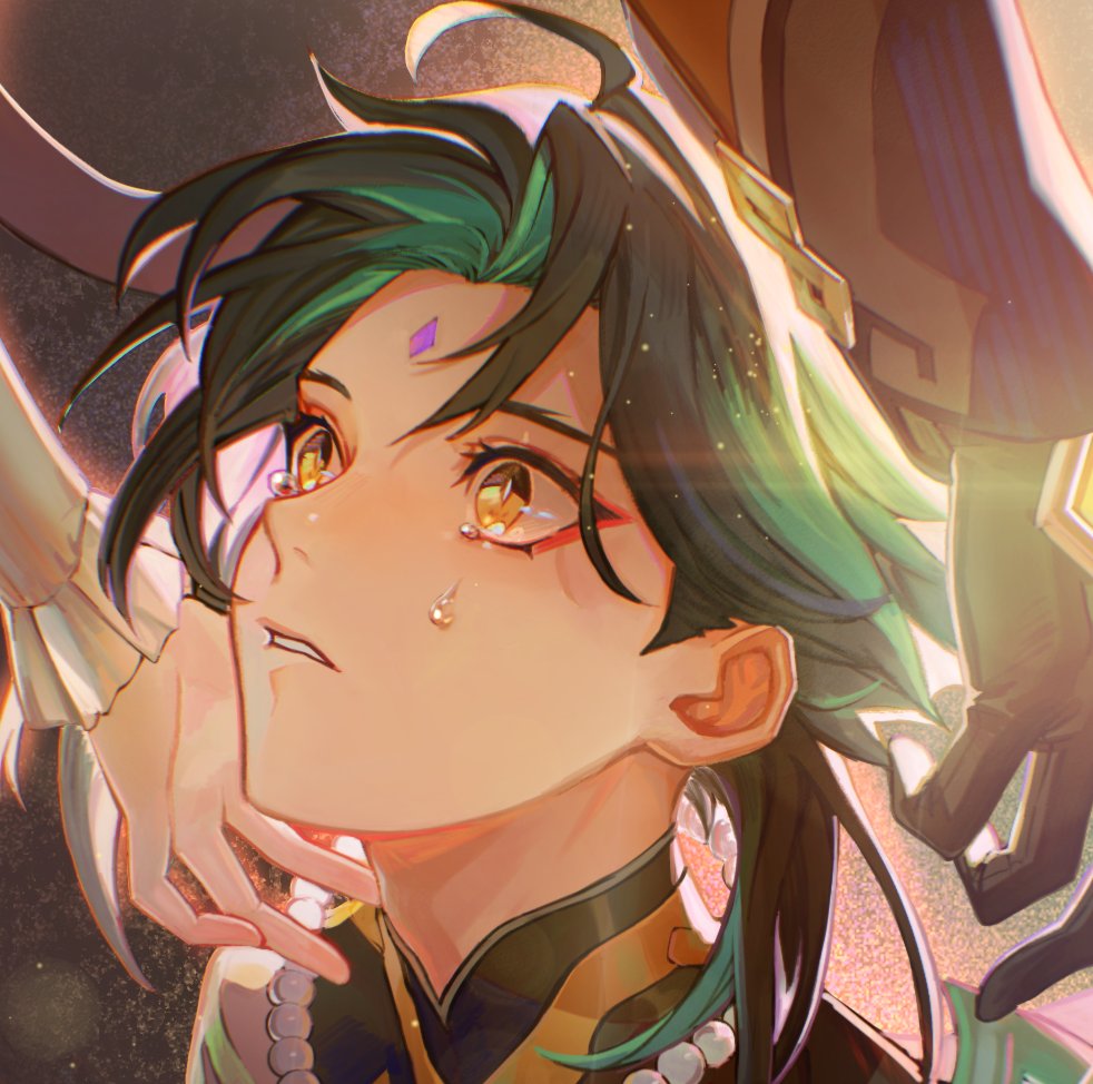 a digital drawing of a male anime character with green hair, and bright yellow eyes. the character is crying and looks sad. the image is a closeup of the characters face, with their expression and tear being the focal points.