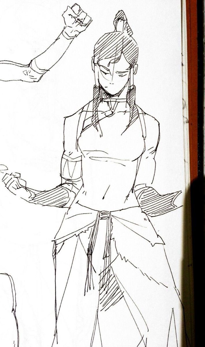 a black and white sketch of a woman with short black hair in an anime/manga style. she is wearing a sleeveless shirt and skirt with some kind of sash or belt. she is posing with one arm extended and the other arm bent in front of her. her expression is serious and a bit stern. she is drawn in a detailed fashion with a lot of shading and hatching. the background is blank. the drawing is done with a black pen on white paper.