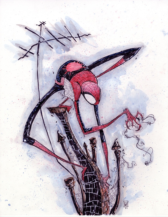 this is a cartoon illustration of spiderman, a superhero from the marvel comics universe, drawn in a bold, stylized, and dynamic manner. the image depicts spiderman in action, swinging through the city, with his webshooters extended. the artist has utilized bold lines, vibrant colors, and a sense of movement to create a visually arresting and exciting piece. the background is a simple wash of watercolor, adding depth and atmosphere to the image. the overall style is a blend of retro comic art and modern illustration techniques. the image would be a great addition to any fan's collection or home decor.