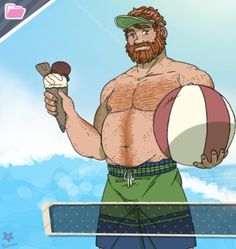 a cheerful, muscular, redhead man with a beard stands on a beach holding an ice cream cone and a beach ball. he's wearing a visor, green swim trunks, and a relaxed smile, suggesting a day of summer fun and enjoyment. the background features a stylized blue ocean with whitecaps, and a bright, almost cloudless sky.