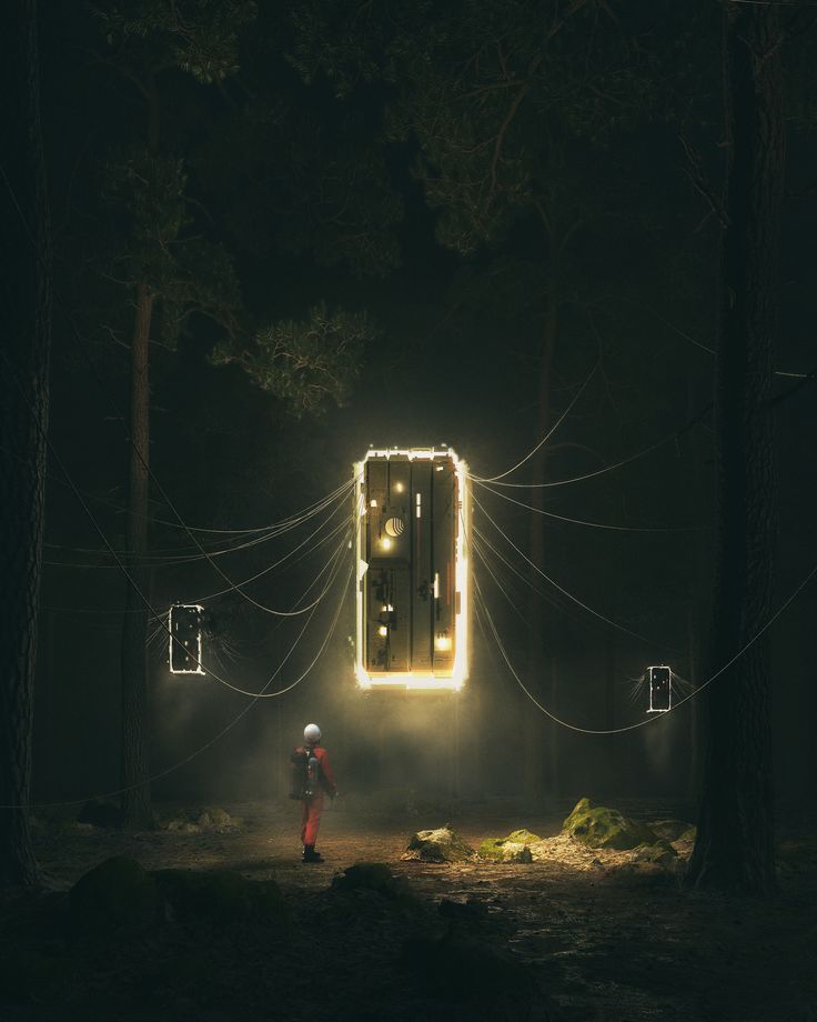 a lone astronaut stands in a dark forest, facing a glowing door that appears to be levitating in the air. the door is surrounded by a network of wires, and the forest is shrouded in shadows. the scene is mysterious and surreal, with a hint of science fiction. the astronaut's silhouette against the glowing door creates a striking contrast. the image is likely a digital artwork.
