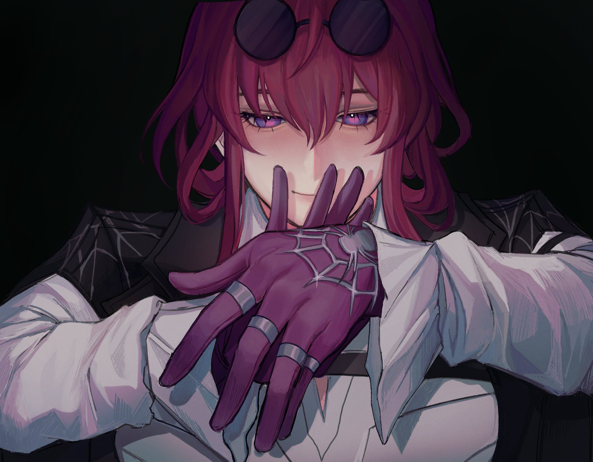 this digital illustration features an anime character with pink hair, wearing black glasses and a black suit. the character has their hands crossed in front of them, wearing spider web gloves, and they are looking at the camera. the illustration is done in a fantasy style and uses digital art techniques.