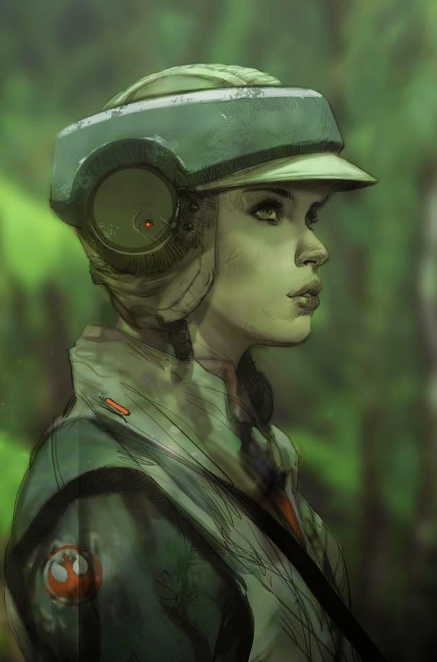 a female rebel soldier, in a green camouflage uniform, looks away with a serious expression on her face. she is wearing a helmet with a visor that is pulled down over her eyes, but the helmet is partially lifted, revealing her face. she has a serious expression on her face, and she appears to be in a state of contemplation. the background is a green and blurry, and it appears that she is in a forest.