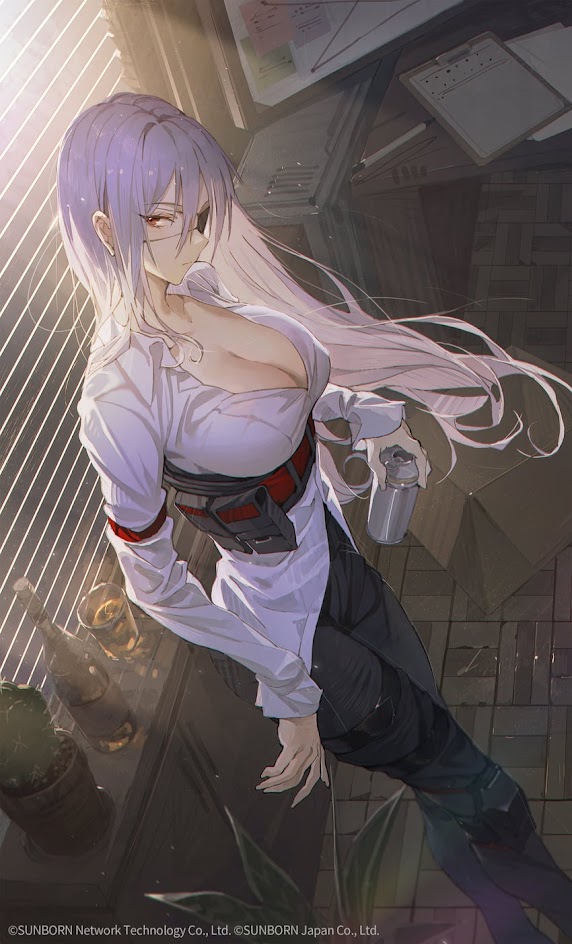 a woman with long purple hair, wearing a white shirt, black pants, and an eyepatch, is sitting in a room with a metal water bottle in her hand. she is looking away from the viewer and her expression is serious.