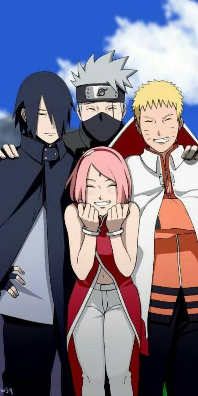 the image shows four anime characters from the popular series naruto, standing together in a line, smiling at the viewer. from left to right, the characters are sasuke, kakashi, sakura, and naruto. they are positioned against a backdrop of a blue sky with fluffy white clouds. sasuke is dressed in a black cloak with a high collar, kakashi wears his signature mask and headband, sakura is in her typical red and white outfit, and naruto is in his orange and blue jumpsuit.  all four characters are drawn in a stylized anime manner with large eyes, distinctive hairstyles, and vibrant colors.  the overall image is bright and cheerful, conveying a sense of camaraderie and friendship.