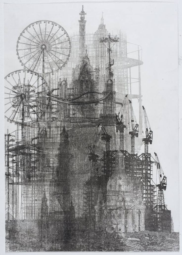 a black and white etching of a city under construction, with cranes and scaffolding in the foreground and a ferris wheel and other buildings in the background. the piece is done in a modern and abstract style.