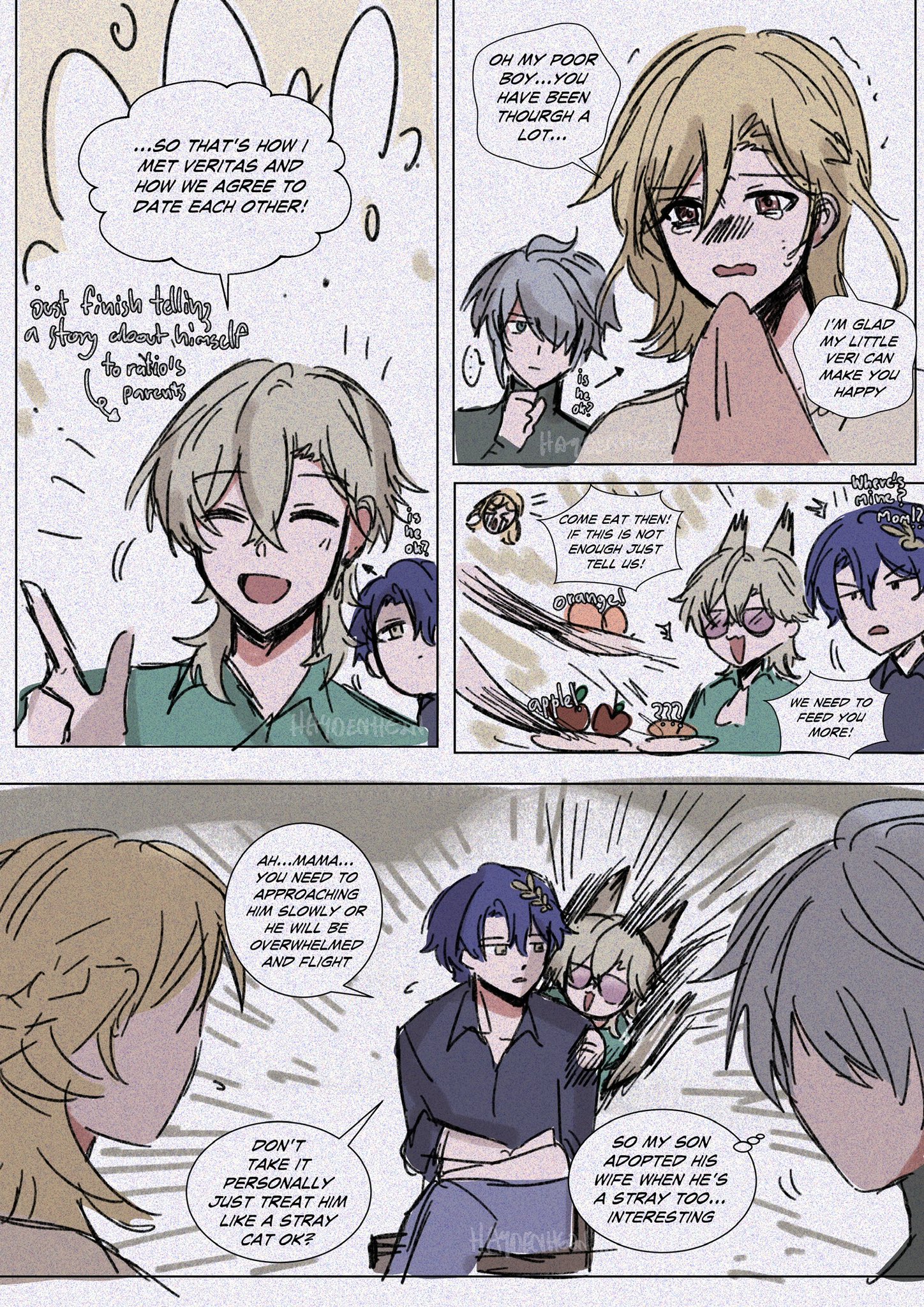 the comic shows a group of friends having a meal together.  they are talking about how two of them met, and how they are now dating. the other friends are happy for them, and one of the friends even asks how their families feel about the relationship. the couple is happy and excited to be together, and they are looking forward to a long and happy future together.  the comic shows the couple's relationship growing, as they are becoming a family. the other friends are there to support them. the comic is lighthearted and funny, with cute art style.