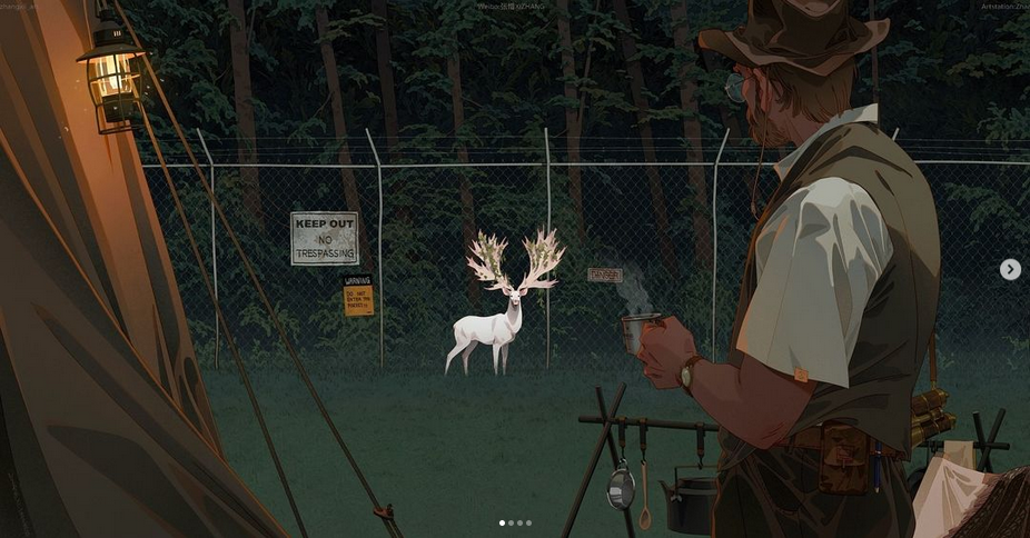 a man in a brown hat and vest is standing by a campfire with a cup of coffee in his hand. he is looking at a white deer with large antlers that is standing near a fence in the forest. there is a sign that reads "keep out  no trespassing" on the fence. the scene is set at night and there is a lantern hanging from a nearby tent.