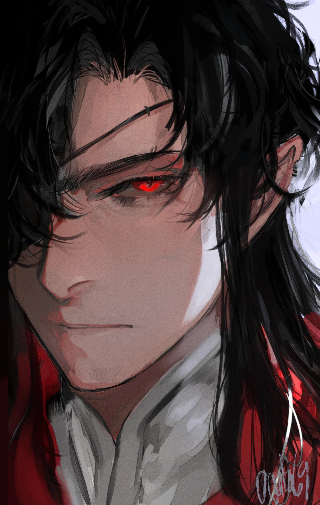 a close up portrait of a male anime character with red eyes and black hair wearing a white collar with a red shirt underneath. his expression is serious and he's looking directly at the viewer.  the art style is digital illustration, with a focus on detail in the eyes and hair.