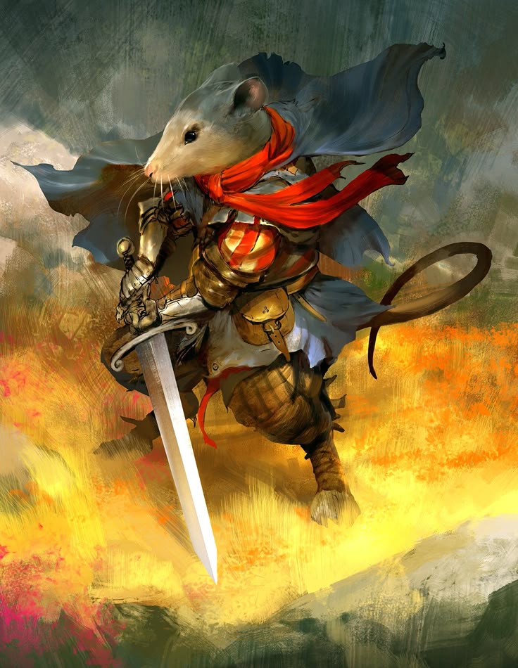 an illustration of an anthropomorphic mouse warrior, clad in full armor, wielding a sword, and wearing a cape and scarf. the mouse is standing in a field of grass.