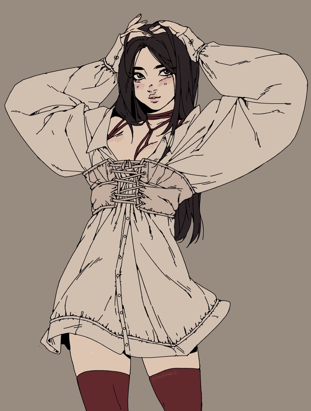 a digital art illustration of a woman in a corset top and a loosefitting white shirt. she has long black hair, red stockings, and a light blush on her cheeks. the background is a plain grey color.