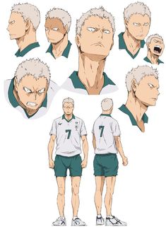 this is a character design sheet of a male anime character with blonde hair and an angry expression, likely from the anime haikyuu.  he is shown in a variety of poses and expressions, wearing a white and teal volleyball uniform.
