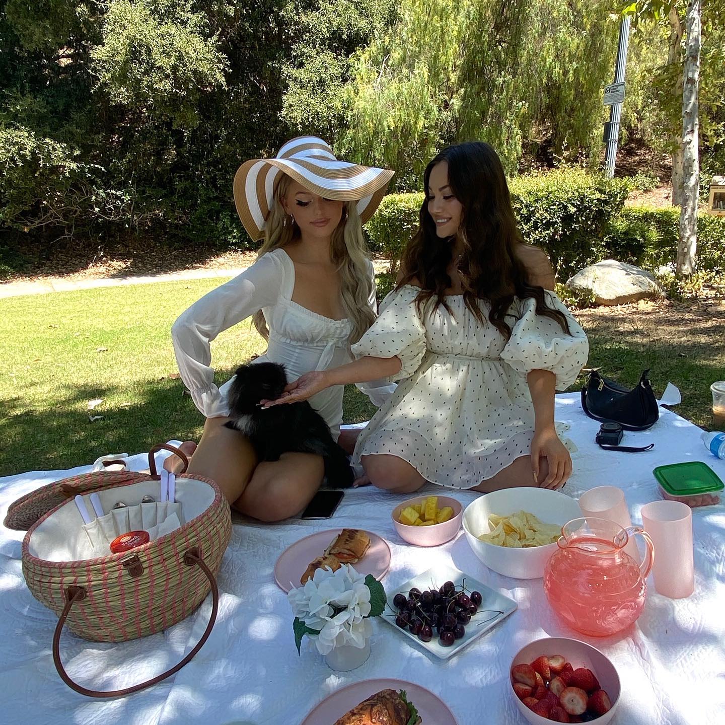 two women are having a picnic in a park. there is a picnic basket, bowls of fruit, strawberries, cherries, pineapple, chips, a pitcher of pink lemonade, and other food on the white picnic blanket. one woman is wearing a white dress and a sun hat, and the other is wearing a white dress. there is a small dog in the first woman's lap.