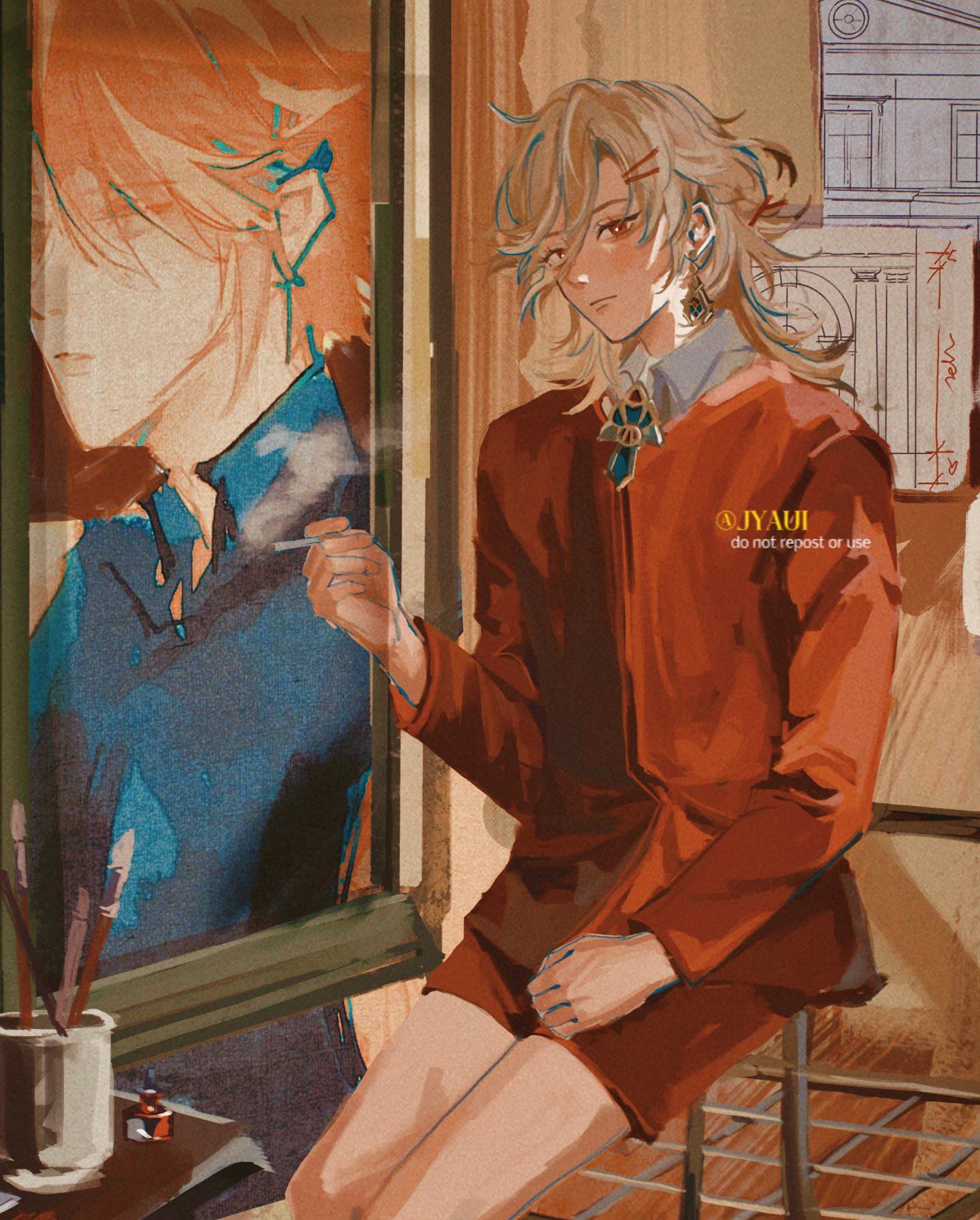 the image is a digital painting of a male anime character, possibly fanart of albedo from genshin impact. he has long blonde hair and is wearing a stylish orange outfit. he is sitting in a studio setting, holding a cigarette and appearing contemplative as he looks at a painting on an easel. the painting depicts another person with orange hair. the style is painterly, with soft brushstrokes and warm tones.  a watermark with artist credit (@jyauii) is visible on the image.