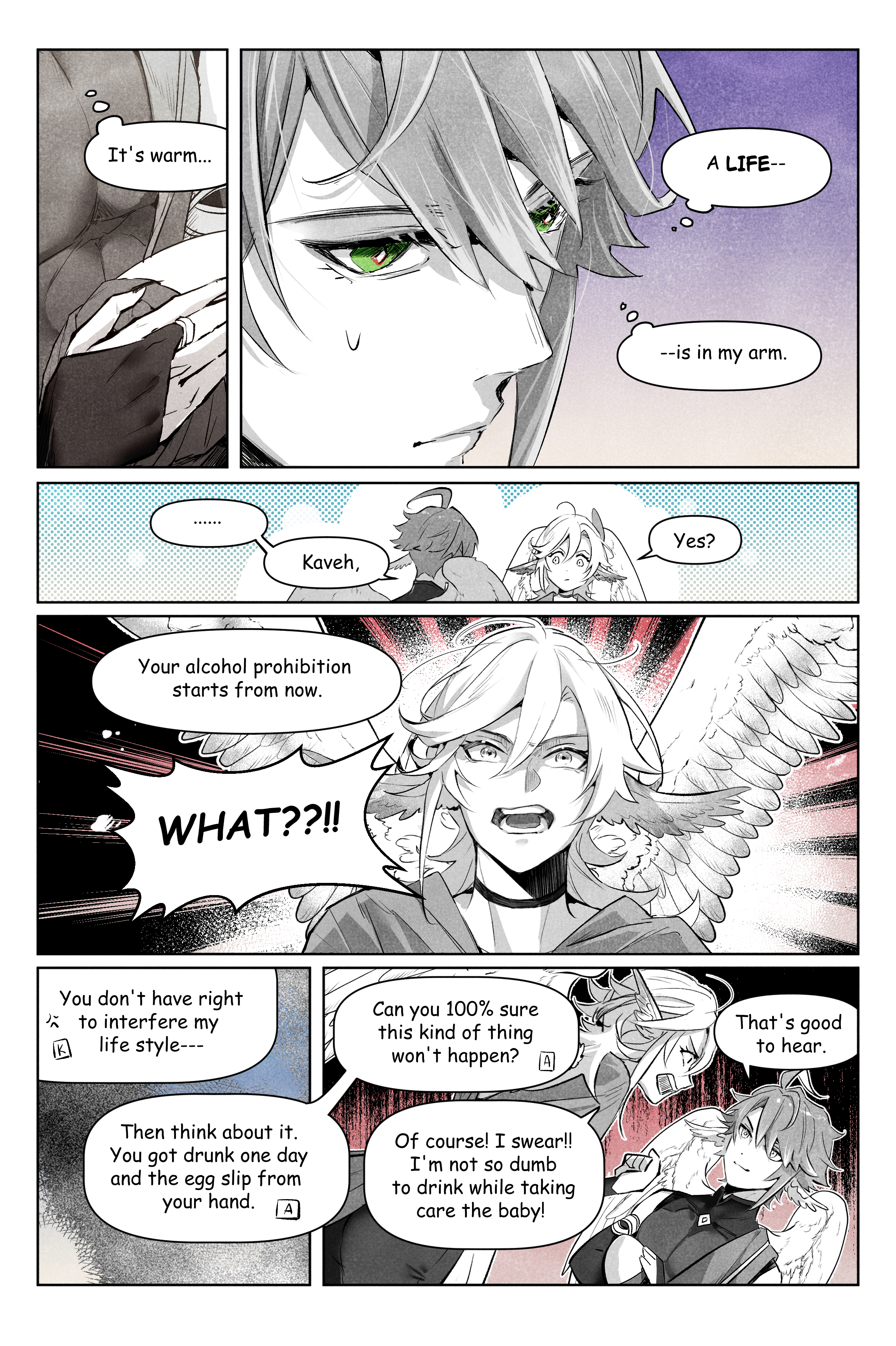 the image is from a manga or comic book. it depicts a scene with multiple characters. the characters are drawn in a cartoon style and have distinct features, like large eyes and expressive faces. they are engaged in a conversation, evident from the dialogue bubbles. there is a focus on two characters, a winged male and a female. the male character seems surprised and perhaps shocked, while the female character is calm and reassuring. the dialogue revolves around the concept of alcohol prohibition and the responsibility of taking care of a baby. the image evokes a sense of heightened emotion, with the characters' facial expressions and the way they speak conveying the tension of the scene. the overall composition is dynamic, with a sense of movement and energy.