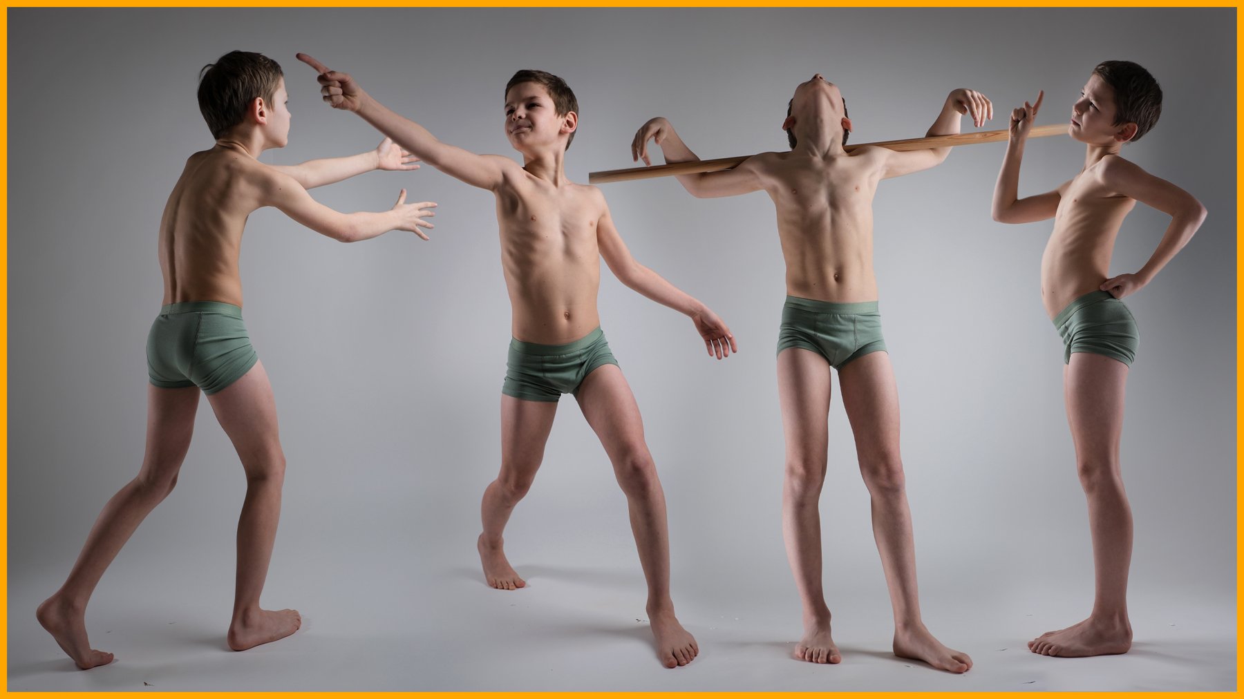 a composite image shows a boy in four different poses against a light gray background. the boy is wearing green underwear. in the first pose, he's walking with one arm outstretched and another hand pointing at him. in the second, he's standing with both arms outstretched. in the third, he is tilting his head back and holding a wooden stick across his shoulders. in the fourth, he's standing with one hand on his hip and the other pointing upwards.