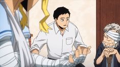a fullcolor, mediumdistance shot depicts three people: an injured man and woman on the left and an older, injured man on the right.  all three people are bandaged.  the man in the center, who appears uninjured, looks at the woman's bandages with concern.  the image appears to be a still from an animation.