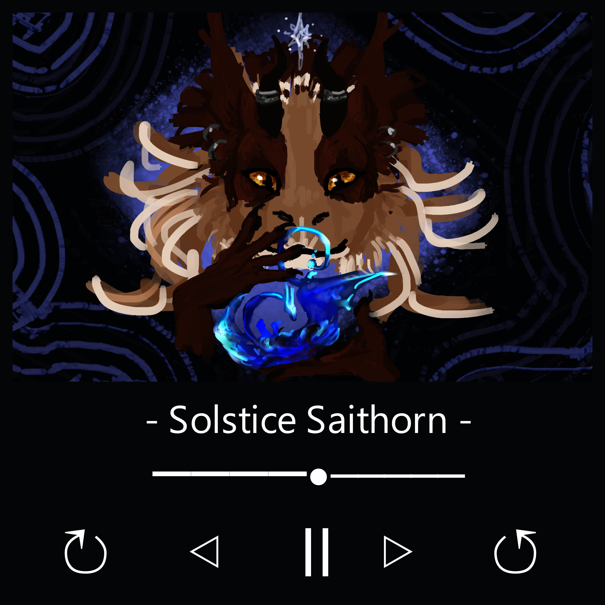 the image is a digital artwork featuring a fantasy dragonlike creature with brown fur, a white mane, and amber eyes. it has horns adorned with jewelry and is holding a glowing blue crystal orb in its paws. the background consists of an abstract pattern of dark blue swirls and spots, creating a mystical atmosphere. below the artwork is a music player interface with controls such as play/pause, skip back, skip forward, and replay buttons, as well as a progress bar. the song title displayed is "solstice saithorn."