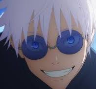 this is a closeup illustration of an anime boy's face. he has white hair and bright blue eyes. he is wearing round blue sunglasses and is grinning widely.