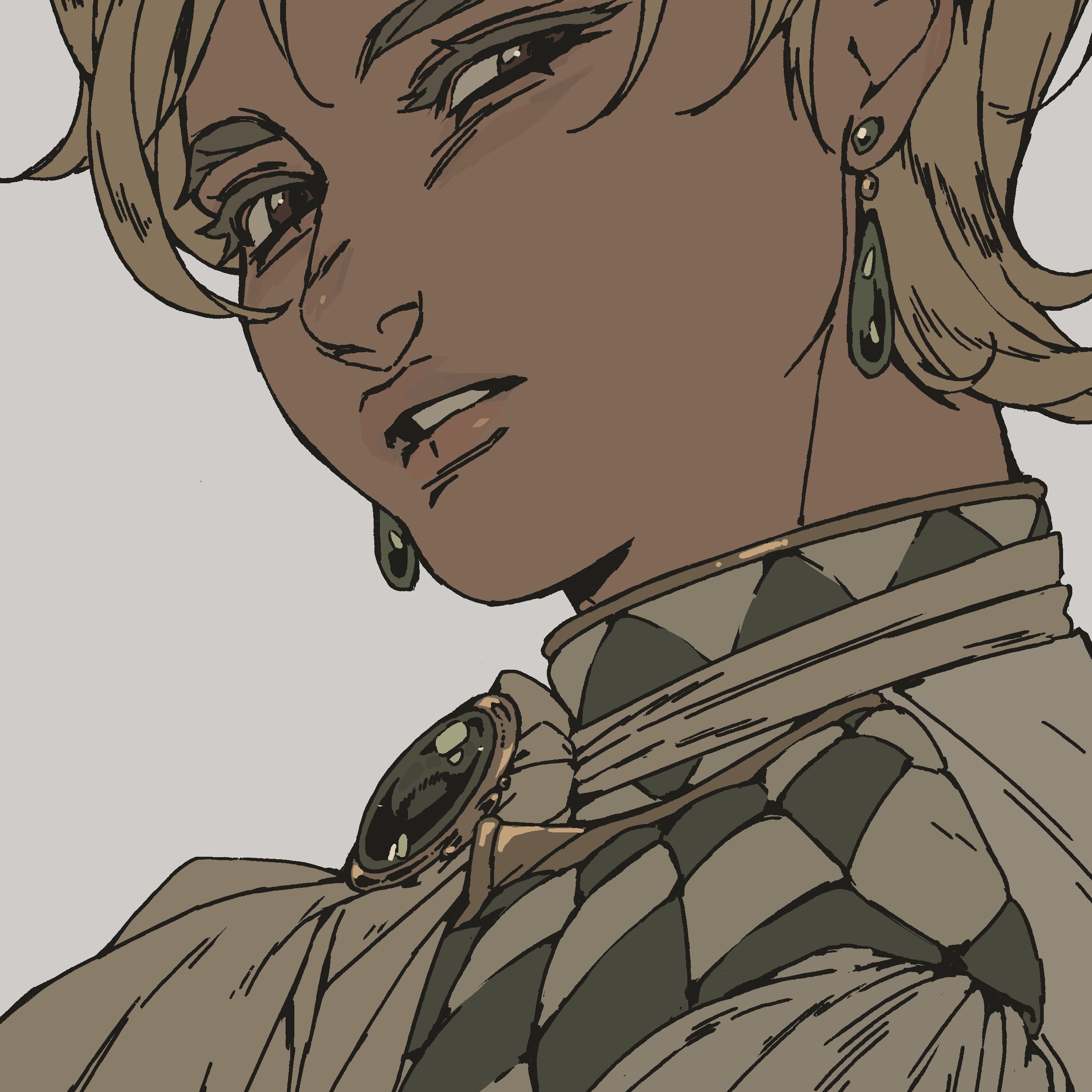 a closeup illustration of a young anime male with blonde hair looking forward with a serious expression. he has a green earring and is wearing a checkered collar with a brooch on his shoulder.