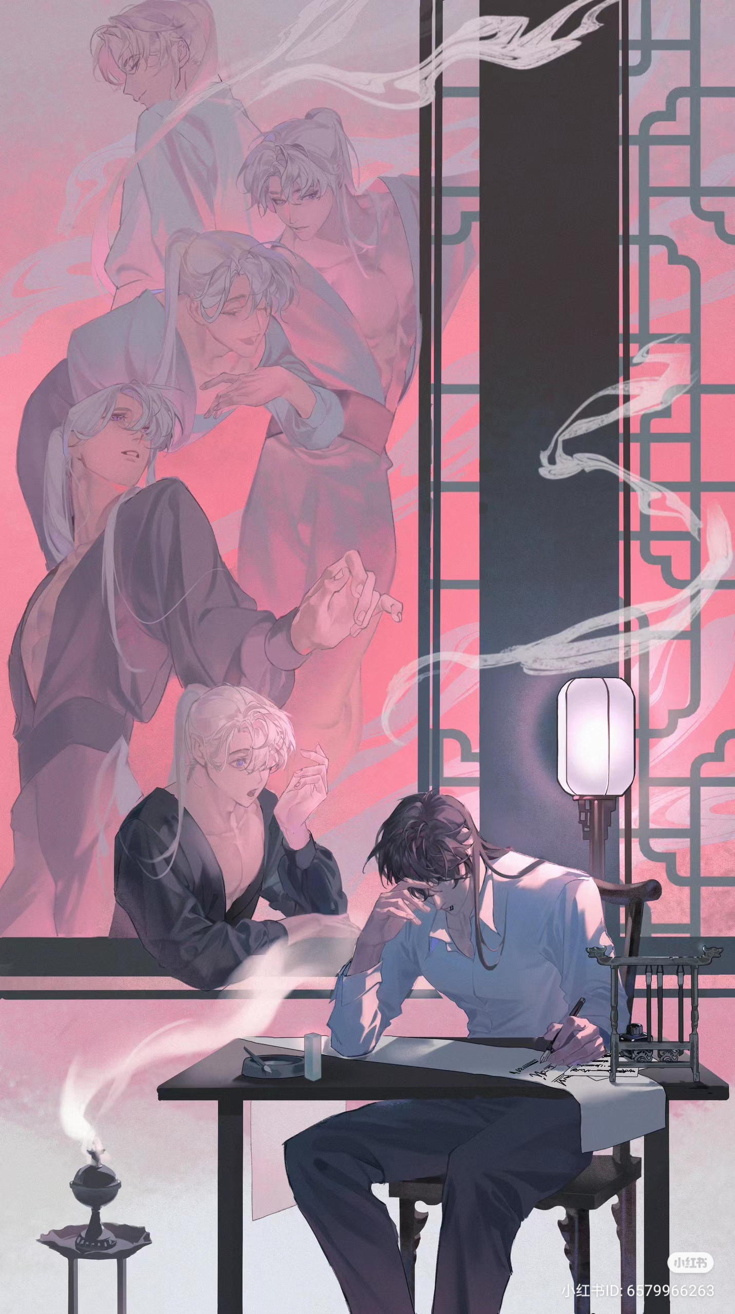 the image depicts two men in a room filled with smoke. one man sits at a table, head bowed as if deep in thought. he's dressed in dark clothing and appears to be writing or sketching. behind him, a ghostly image of another man is depicted in various poses, creating a sense of longing or remembrance. this second figure is adorned in lighter, flowing clothing.  the scene is rendered in soft, muted colors with warm lighting emanating from a lamp on the table. the overall ambiance evokes a feeling of contemplation and perhaps unspoken emotions.